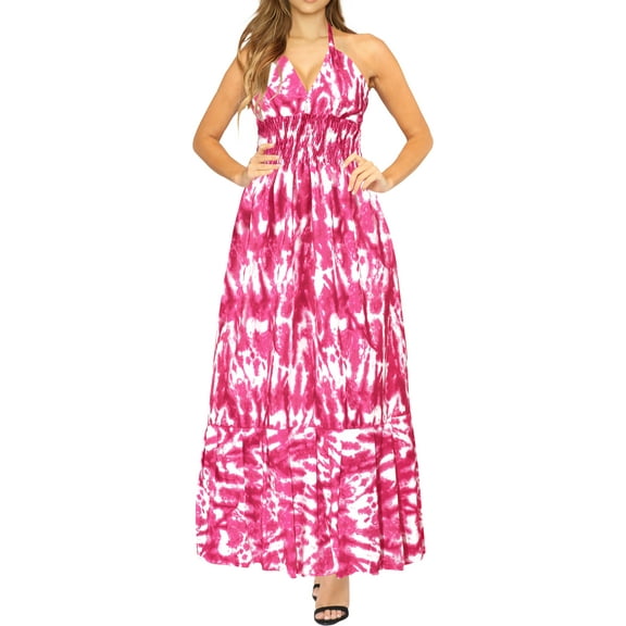 HAPPY BAY Women's Beach Summer Halter Neck Tube Top Maxi Evening Frill Dress for Women S-M Fuscia, Tie Dye