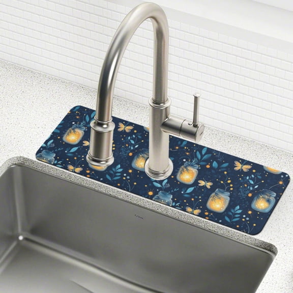 Yayeee Faucet Mat for Kitchen Sink 14.7" Diatomite Long Splash Guard Pad, Blue Fireflies Pattern