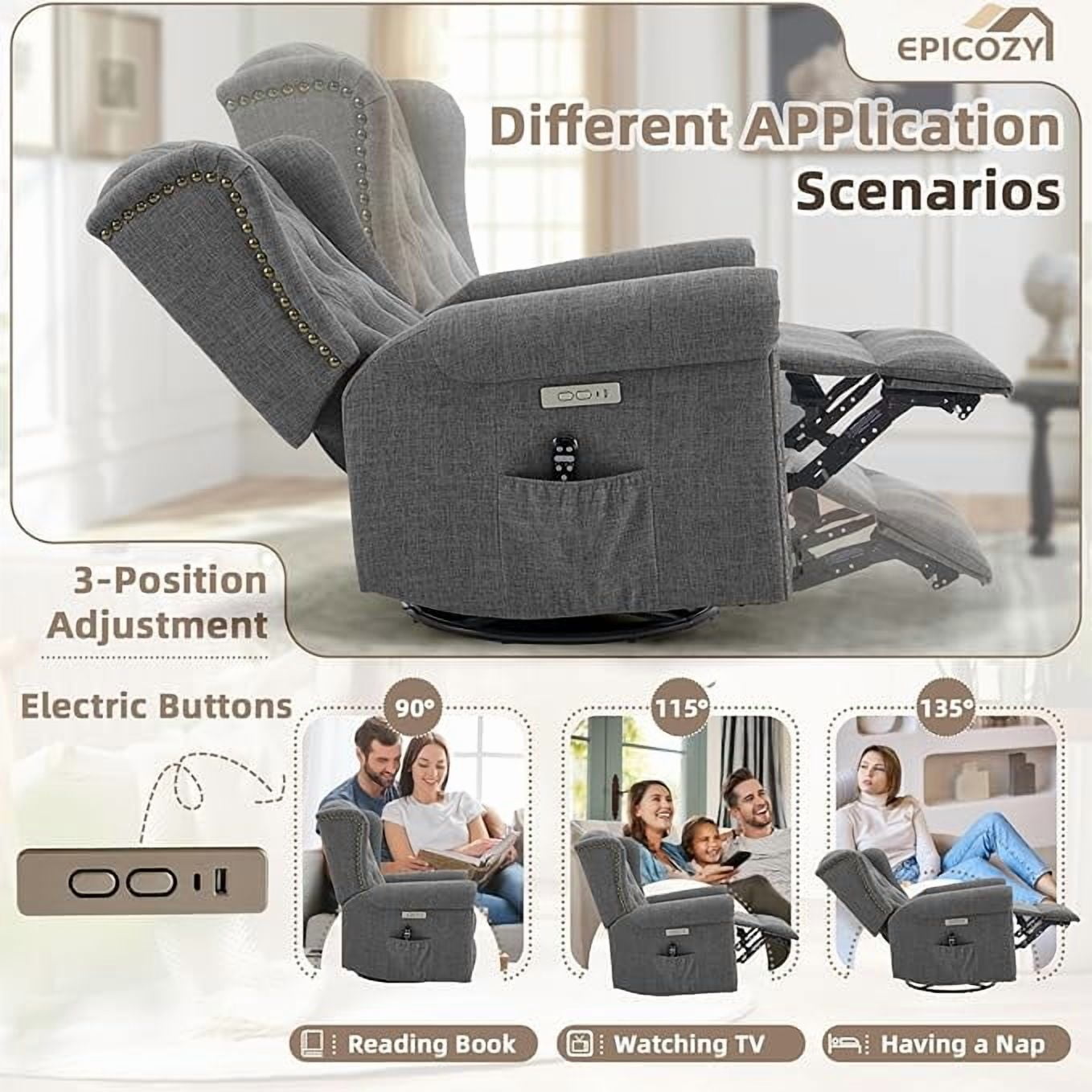 EPICOZY Power Swivel Rocking Glider Recliner Chair with Massage and Heat, Electric Nursery Glider Rocker for Living Room, Wingback Tufted Upholstered Recliner Chair with Type-C & USB Ports, Grey