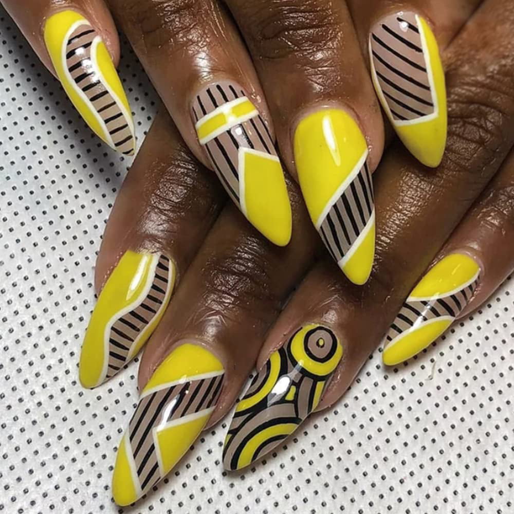 Acrylic Press on Nails Medium Fake Nails Vertical Stripes Glossy Yellow  Fall Full Cover Coffin Adhesive Tape on Nails False Nails Almond Design  Stick on Nails for Women and Girls 24 Pcs -