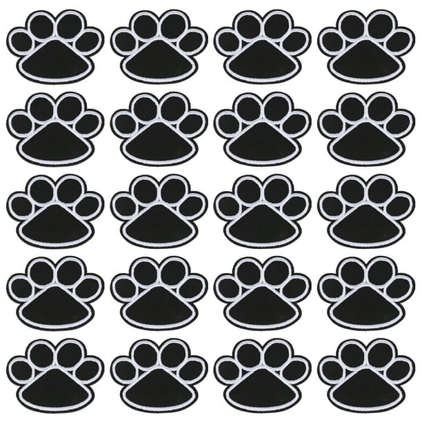 20 parches bordados termoadhesivos con forma de huella de perro o cachorro negro.