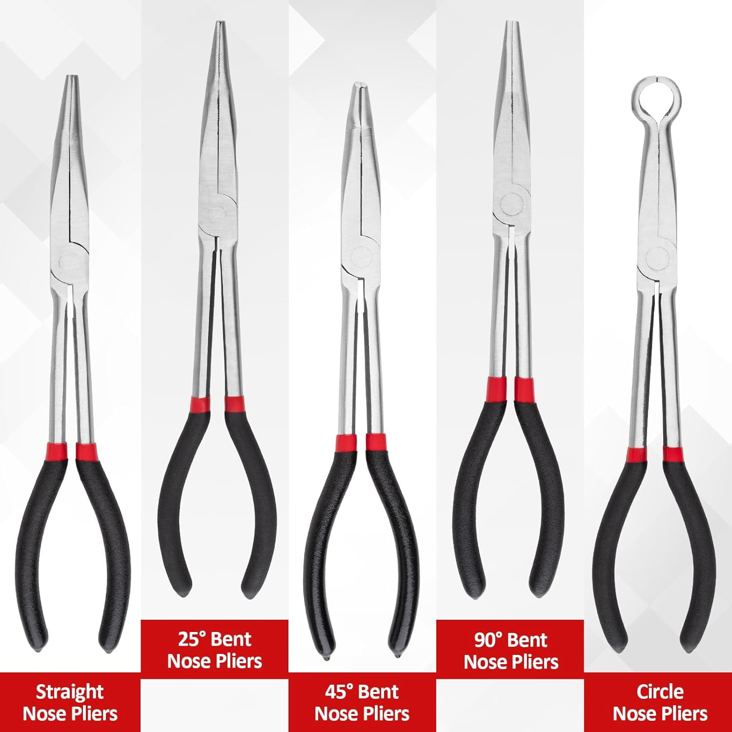 5Pcs Bent Nose 11 Inch Extra Long Needle Nose Set, Straight, 25°/45°/90° Bent, Circle Nose for N Spaces, Hard to Reach Areas & Precision Work