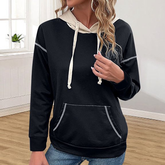 Women's Fashion Hoodies Solid Print Drawstring Pocket Hooded Long Sleeve Loose Fit Pullover for Casual Wear Womens Sweatshirts Black L
