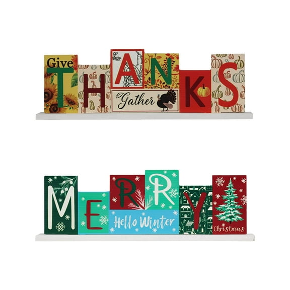 Thanks/Merry Christmas Decorations Wooden Sign (Reversible Table Decor) Halloween Decor & Christmas Decor Theme Farmhouse Table Decor Indoor for Home Mantle Party Office Tiered Tray Decor