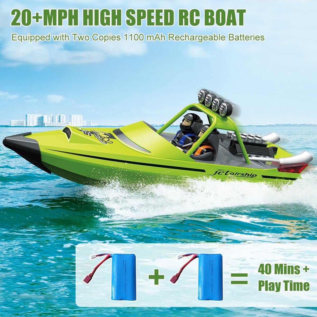 RC Jet Boat – Funtogether Toys Toy Jet Ski with Remote Control, 2.4GHz, LED Lights, 20MPH Fast Racing, 2 Rechargeable Batteries, Green
