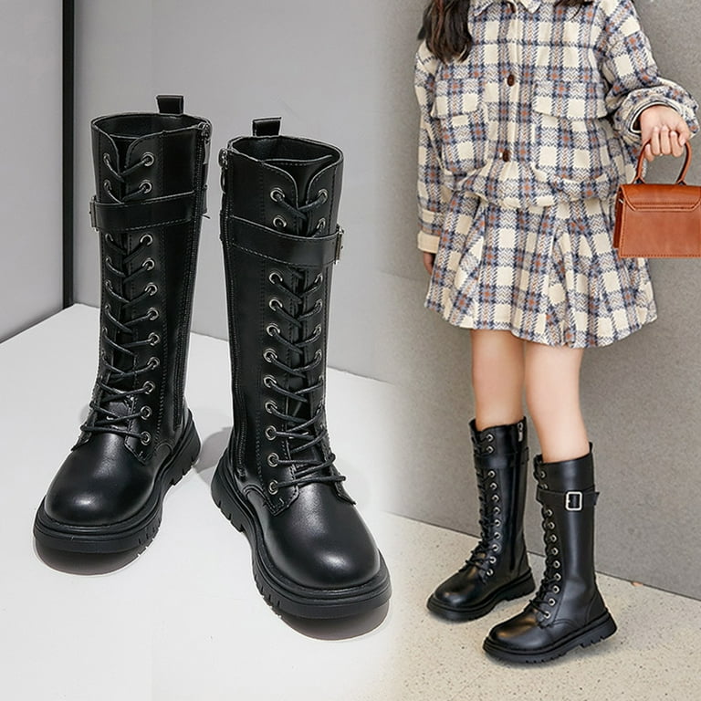 Dakaela Girls Knee High Boots Leather Lace up Platform Combat