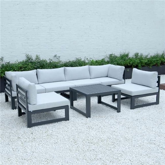 24.8 x 113.62 x 58.98 in. Chelsea Patio Aluminum Sectional & Coffee Table Set with Cushion, Light Grey & Black - 7 Piece