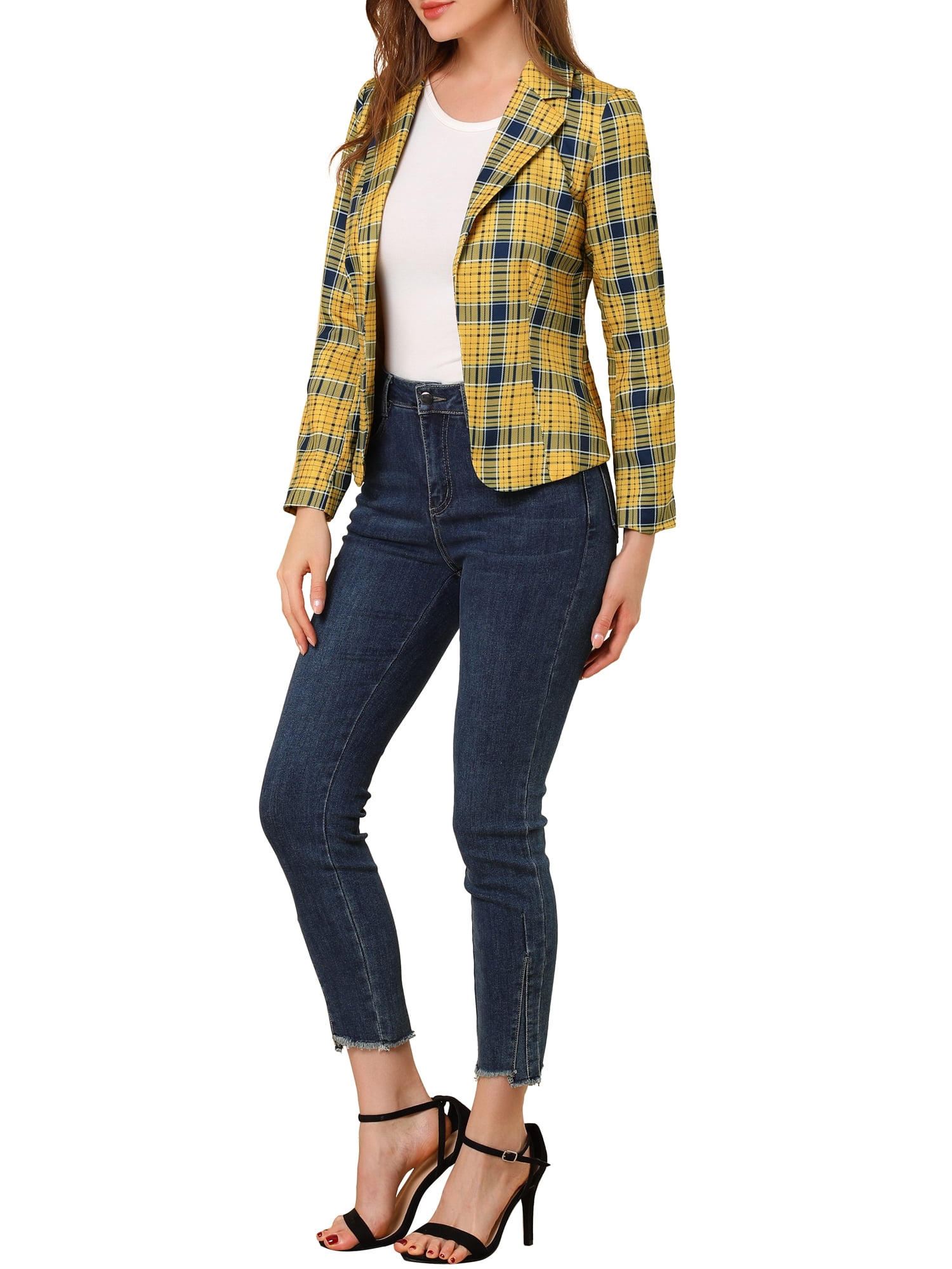 DARING DIVA Women's Elegant Notched Lapel Floral Print Blazer XS Yellow-Plaid