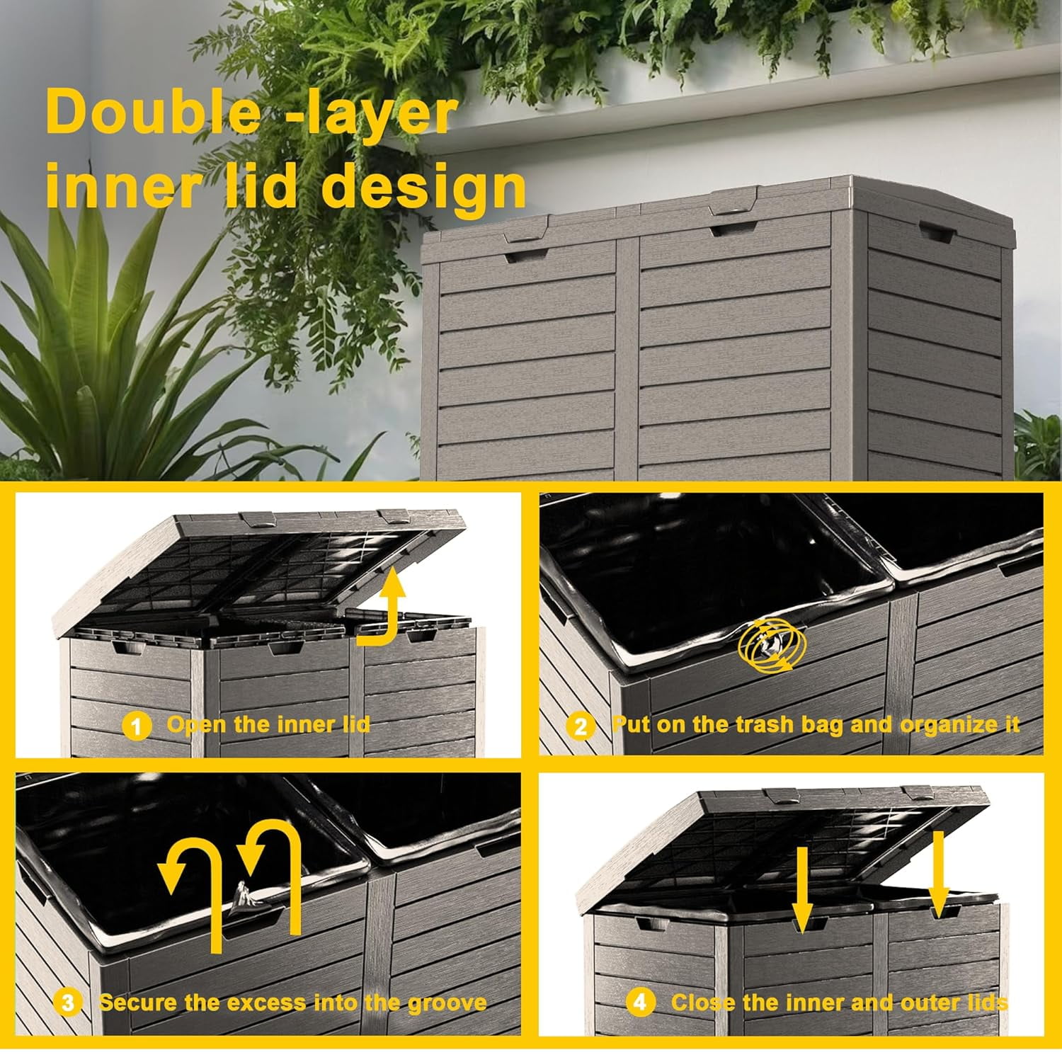 62 Gallon Double Trash Can Outdoor - Resin Garbage Bin Cabinet with Lid & Drip Tray for Patio, Kitchen, Yard - Weatherproof, Easy Assembly (Light Gray, 31"L x 16"W x 34"H)