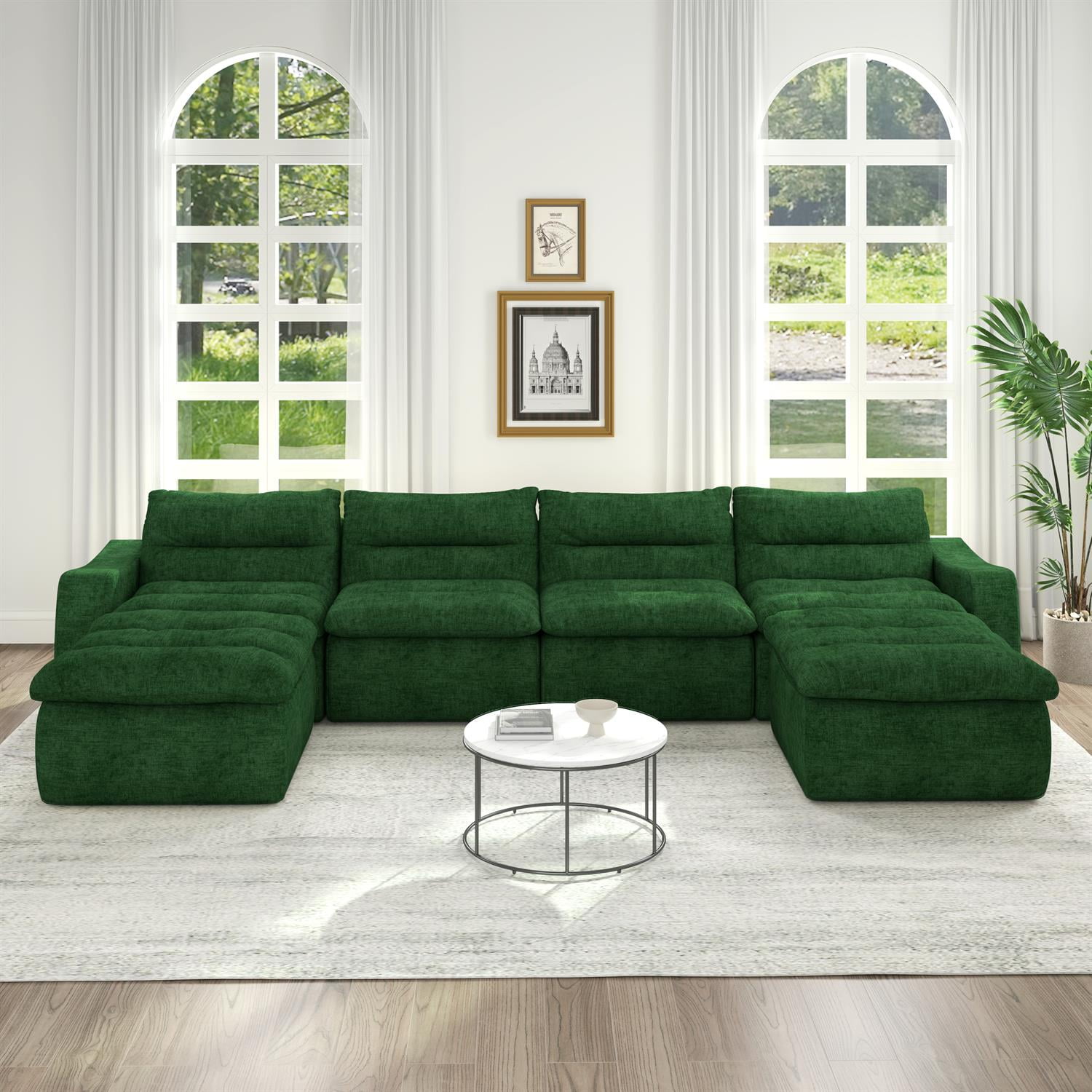 Demi Bonn 150" Modern L-Shaped Modular Sofa, Comfortable Beanbag Style, Stylish Lazy Couch for Living Rooms and Relaxation, Green