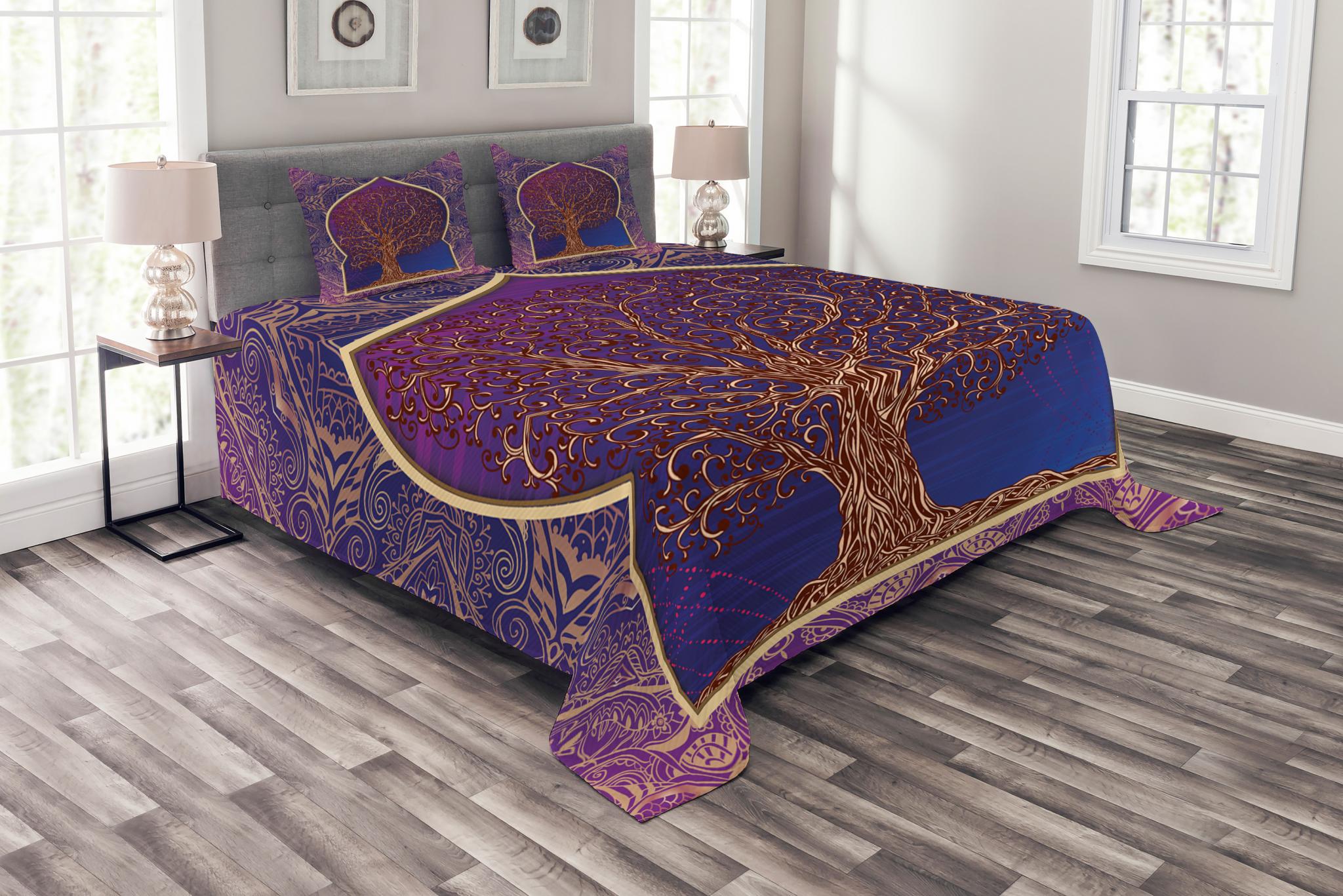 Ethnic Bedspread Set, Tree with Curved Leafless Branches Middle Eastern
