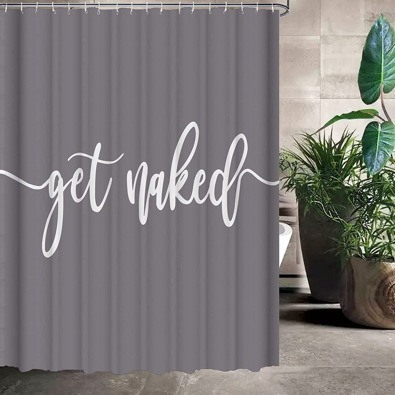 Shower Curtain Funny Cute Get Naked Fashionable Grey Background White Words Machine Washable Fabric Bathroom Decor Set with Hook Bath Curtain 72 x 72 inches