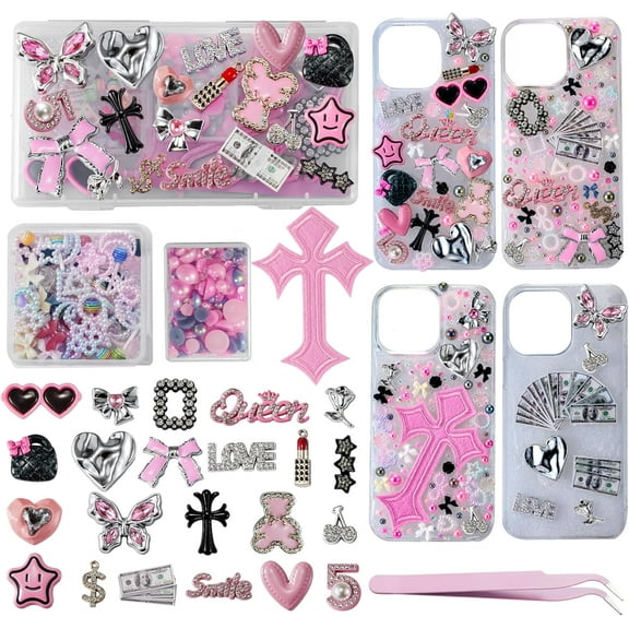 Junk Case Charms Kit, Junk Phone Case with Big Charms, Nail Bow Pearl Flatback Resin Charm for DIY Crafts