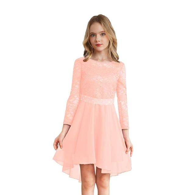 MSemis Robe Haute-Basse pour Fille, Dentelle Florale en Mousseline, Mariage Demoiselle d'Honneur, Manches Longues, Robe de Fête Formelle, Rose, 8