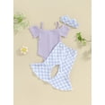 thumbnail image 4 of Suealasg Baby Girls Summer Flare Pants Outfits Short Sleeve 3D Bow Romper + Elastic Waist Flare Pants + Checkboard Headband Toddler Newborn Girls Summer 2 Piece Set, 4 of 9