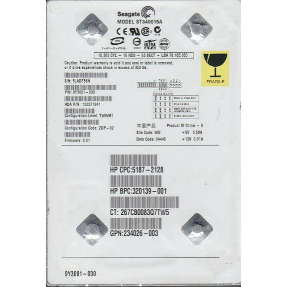 ST340015A, 5LA, WU, PN 9Y3001-030, FW 3.01, Seagate 40GB IDE 3.5 Hard Drive