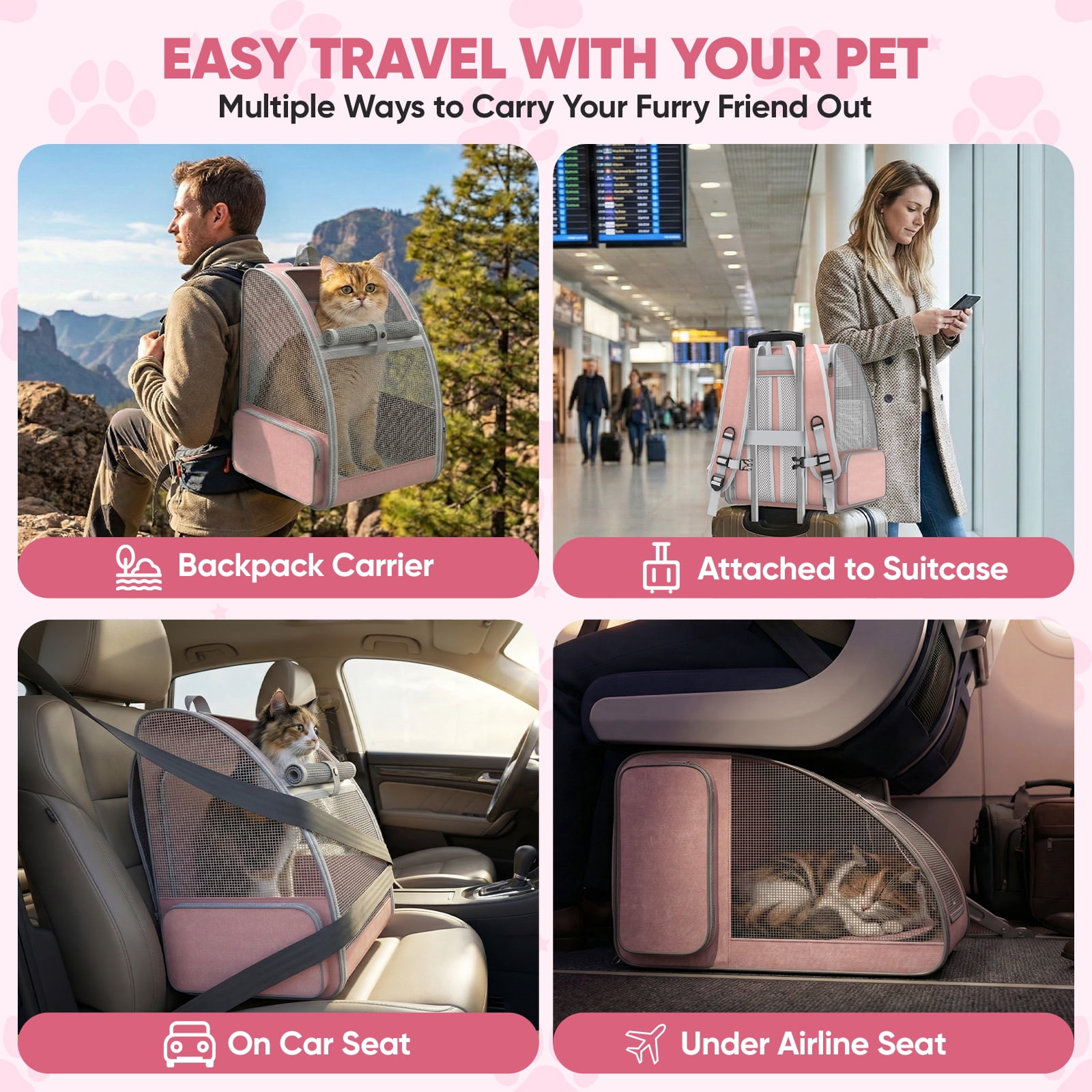 Cat Carrier Backpack Expandable Cool-Ventilated Pet Carrier Backpack for Cats and Small Dog Puppies Outdoor Travel Bag for Pets, Pink