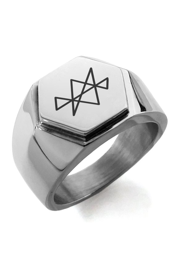 Stainless Steel Reiki Midas Star Prosperity Engraved Hexagon Crest Flat Top Biker Style Polished Ring