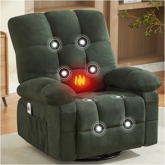 JERFIT 360 Swivel Recliner Chair with Massage and Heat, Oversized Rocking Chair with USB Charging, Lumbar Support for Living Room, Green