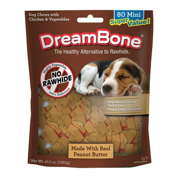 DreamBone Peanut Butter Flavored RawhideFree Dog Chews, Mini, 45.2 Oz