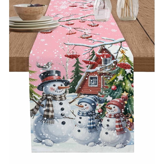 Pink Christmas Table Runner 70 Inches, Xmas Winter Snowman Snowflakes Trees Bed Runner Dresser Scarves Tabletop for Indoor Outdoor Parties/Ceremony/Banquet, 13" x 70"