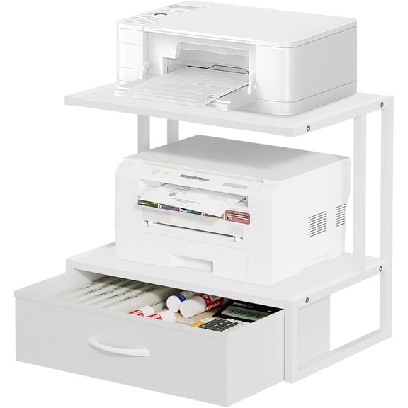 Printer Stand with Storage for Desk, with Fabric Drawer Desktop Printer Stand Shelf Organzier for Home Office, for Above and Under Desk Printer Table, Fax Machine Copier Scanner, White