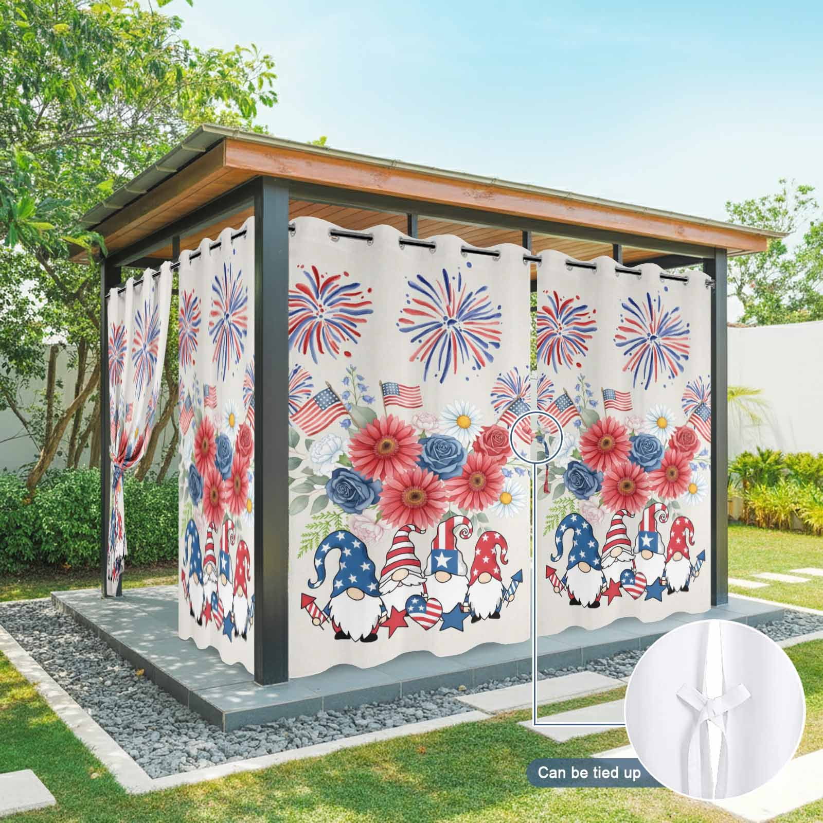 Independence Day Outdoor Curtains for Patio, Red Blue Gnome Floral Flag Fireworks Beige Sunshade Privacy Drapes Grommet Waterproof Outside Curtains for Porch/Cabana/Balcony 54"x 108", 1 Panel