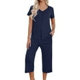 thumbnail image 3 of Scyoekwg Womens 2 Piece Outfits Tracksuit Short Sleeve V-Neck Pleated Tops Wide Leg Pants Trendy Casual Sweatsuits Sets Loose Solid Color Matching Sets (Blue,S), 3 of 6