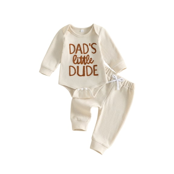 RUINIXCW Newborn Baby Boy Hospital Coming Home Outfit Waffled Romper Infant Baby Boys Fall Winter Clothes Dad's Little Dude Embroidery Long Sleeve Romper Pants Set