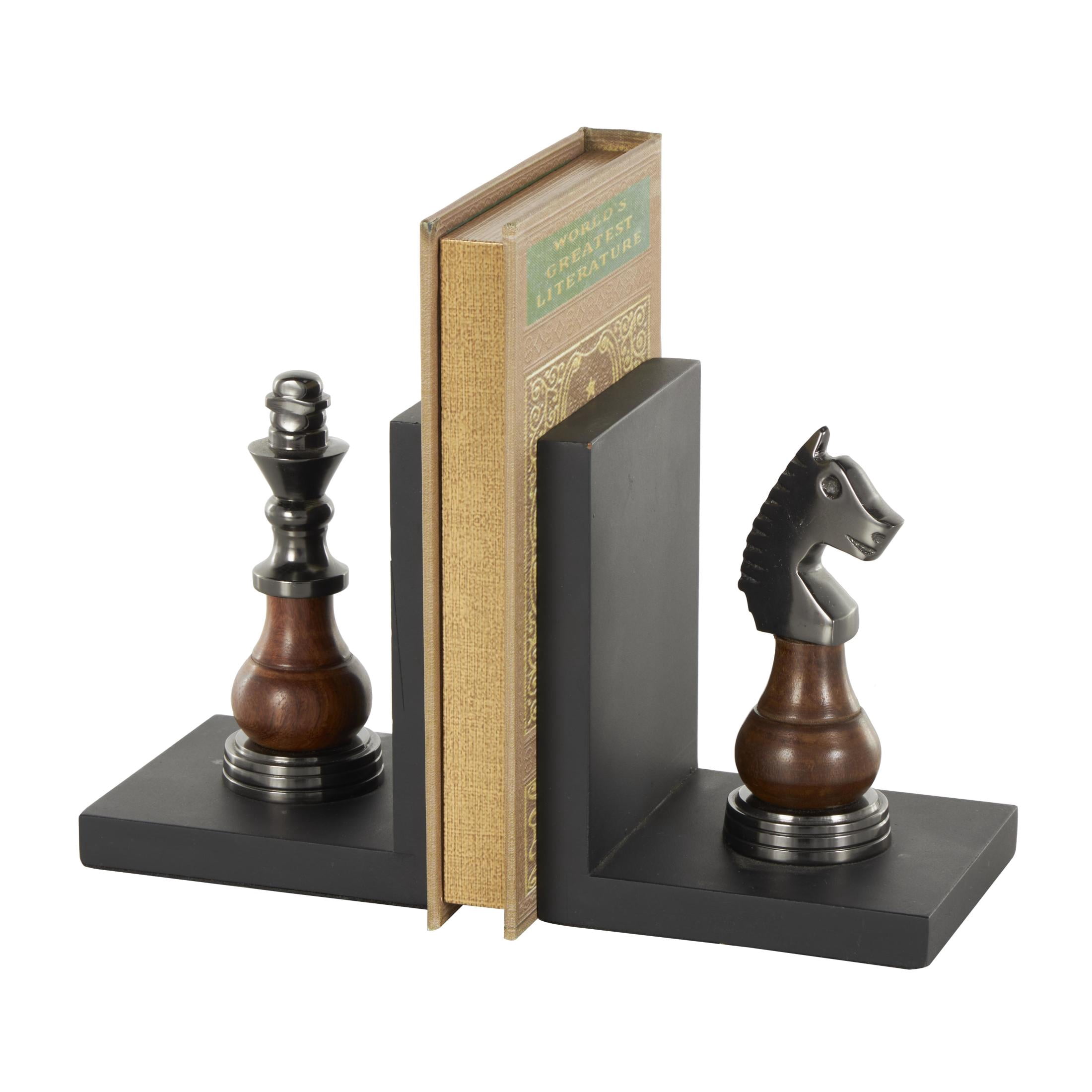 DecMode 4" Chess Black Aluminum Metal Bookends with Aluminum Accents (Set of 2)