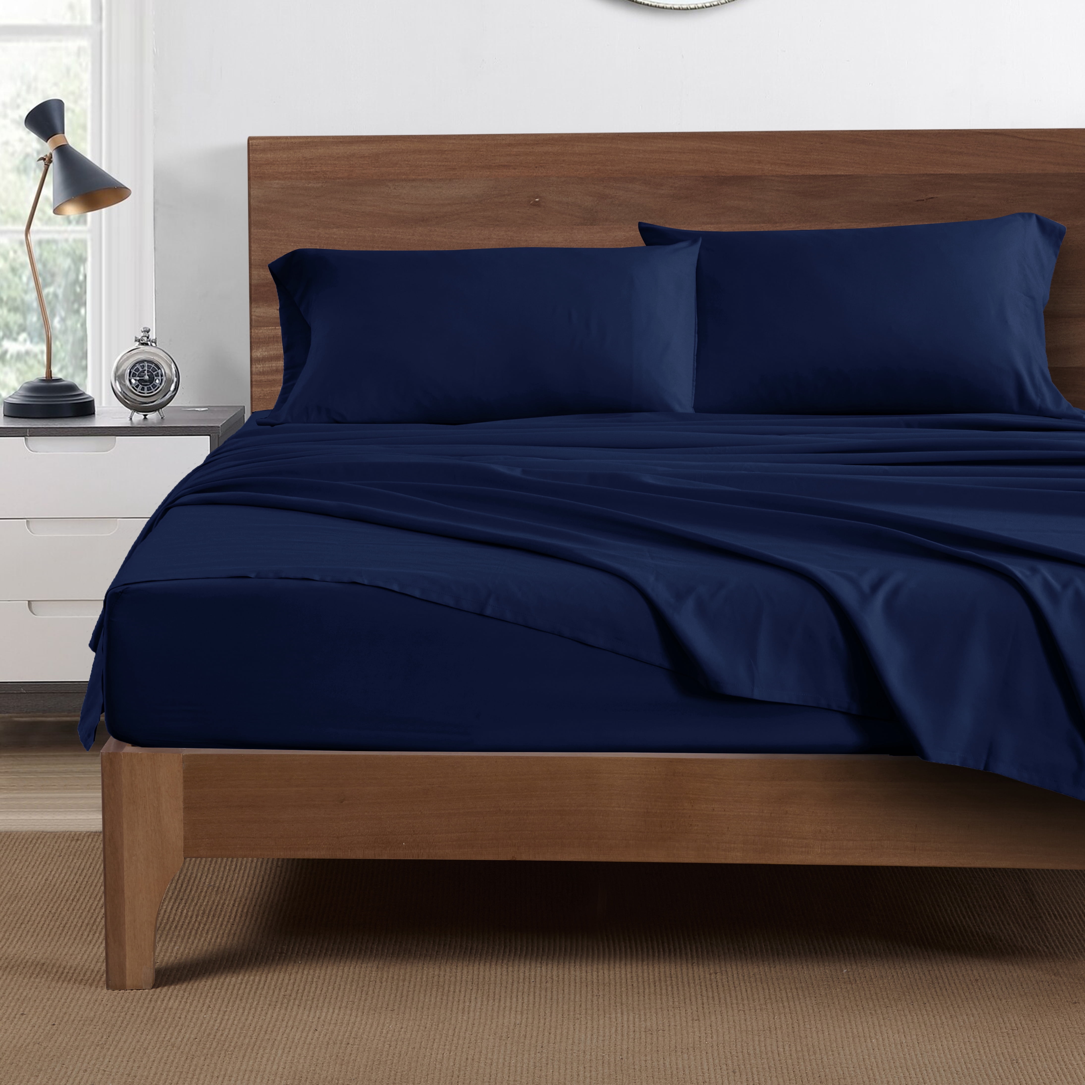 Mainstays Super Soft Brushed Microfiber Bed Sheet Set, King, Navy Blue, 4 Piece