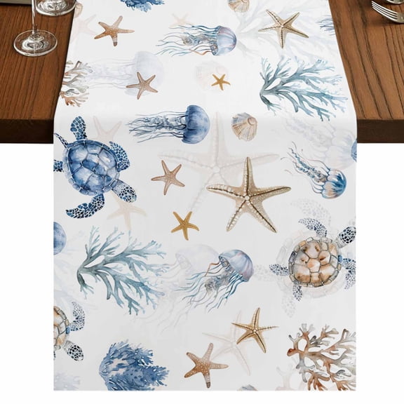 Blue Brown Coastal Short Table Runner 36 Inches Long,Nautical Summer Beach Sea Turtle Cotton Linen Table Runners Dresser Scarves,Tabletop Scarf Furniture Cover for Home Dinner Party Decor 13"x36"
