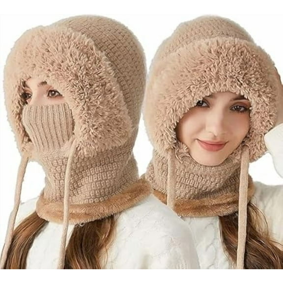 Averageon 3 in 1 Beanie Hat for Women, Women's 3-in-1 Winter Beanie Hat with Ear Flaps, Neck Warmer & Face Mask 55cm-60cm(Khaki)