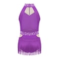 thumbnail image 4 of Yhong Robe de Danse Latine à Franges pour Filles, Justaucorps Sans Manches Scintillant, Jupe à Franges, Tenue de Danse Tango Rumba Samba Violette 16, 4 of 5