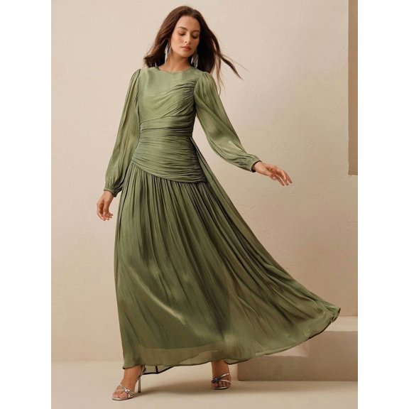 Women Olive Green Long Sleeve Pleated Waist Shiny Maxi Dress, Elegant