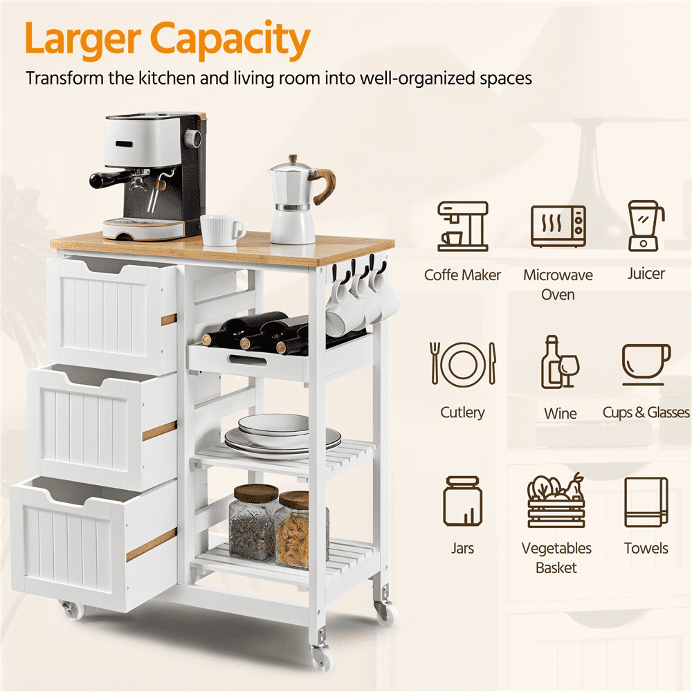 Alden Design 33" H Kitchen Storage Serving Cart for Kitchen Dining Room Bar, White