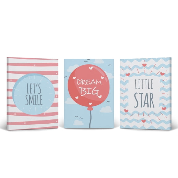 Smile Art Design Let's Smile Dream Big Little Star Quote Pink Balloon 3 PANEL Canvas Wall Art Print SET Kids Room Decor Baby Boy and Girl Room Decor - Made in the USA (40x30)x3