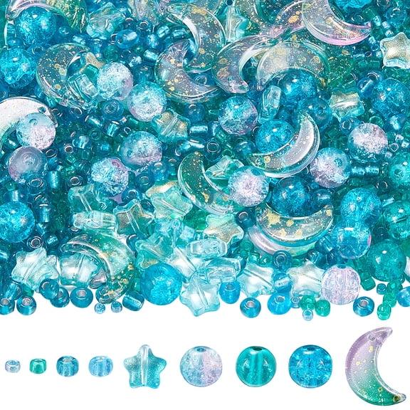 1 Box About 1700 PCS Green Star and Moon Beads Bulk Transparent Glass Beads Cute Resin Round Seed Spacer Loose Bracelet Making Kits for