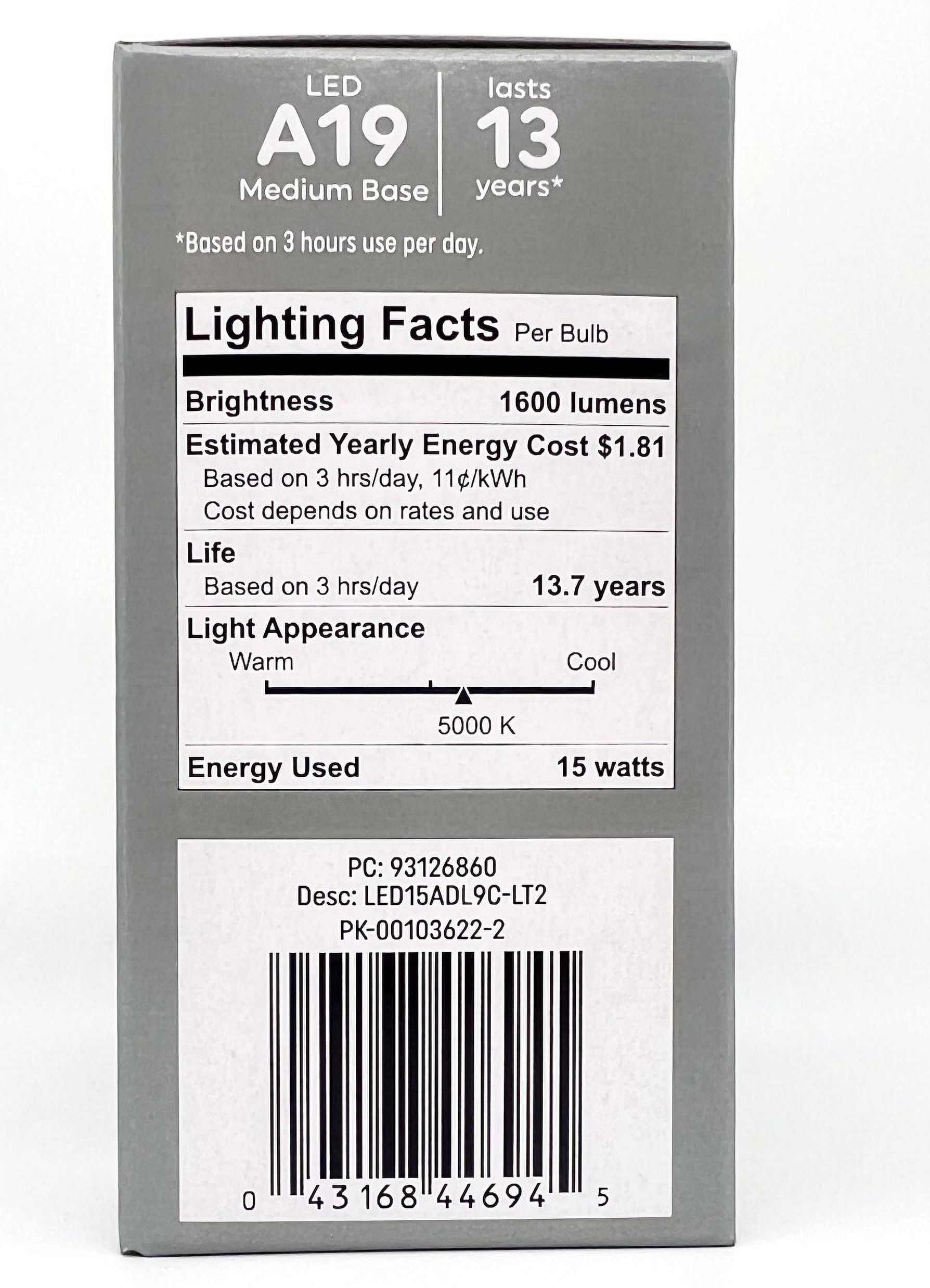 (8 bulbs) GE classic LED A19 Daylight Bulbs, 15 watt, 1600 Lumen, HD Light, Exceptional color contrast and brightness, 100 watt equivalent, LED light bulb