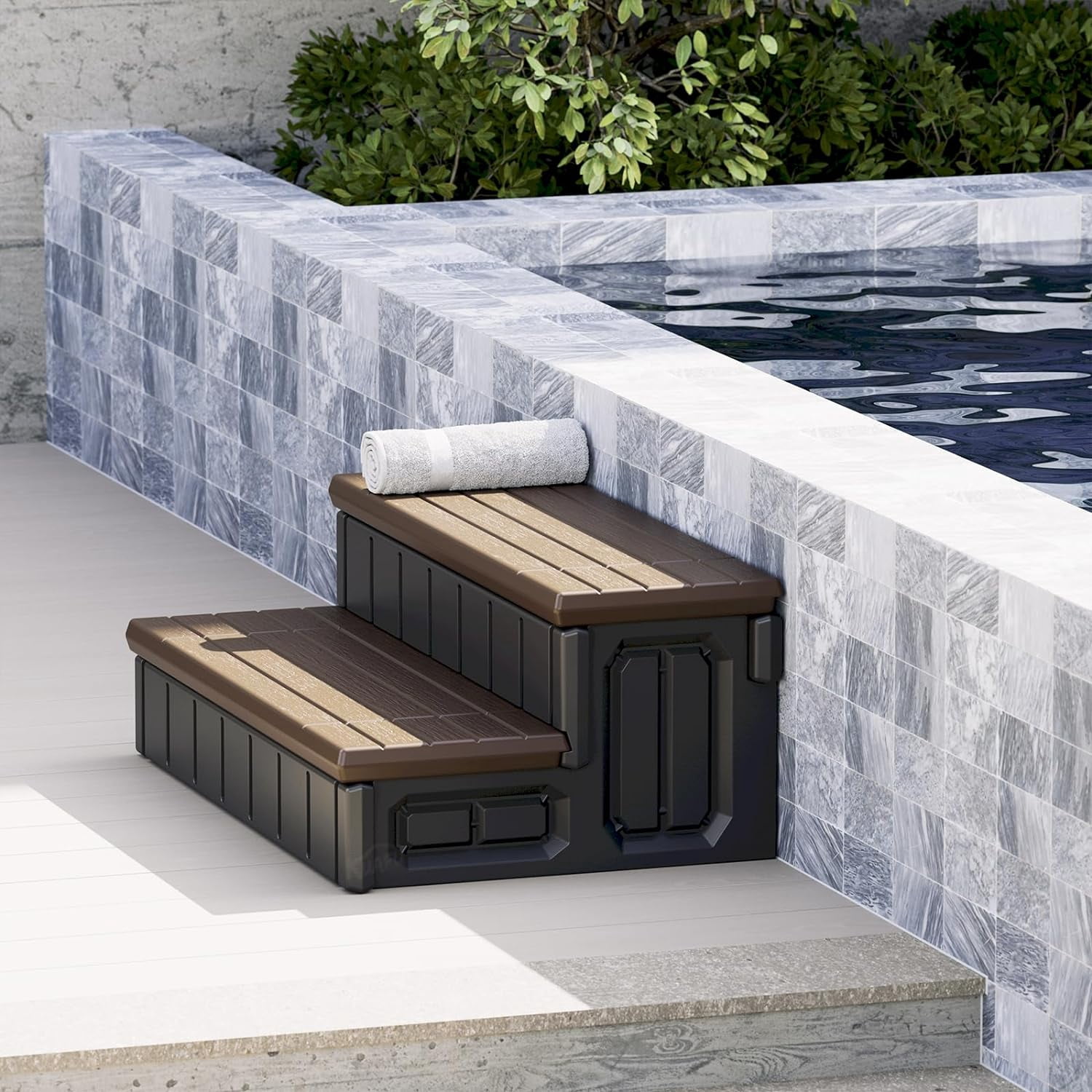 Universal Spa Hot Tub Step with Storage Outdoor Indoor Compartment Spa 2-Step Stool Pool Ladder Plastic Handi Step Slip Resistant Striped Brown+Black