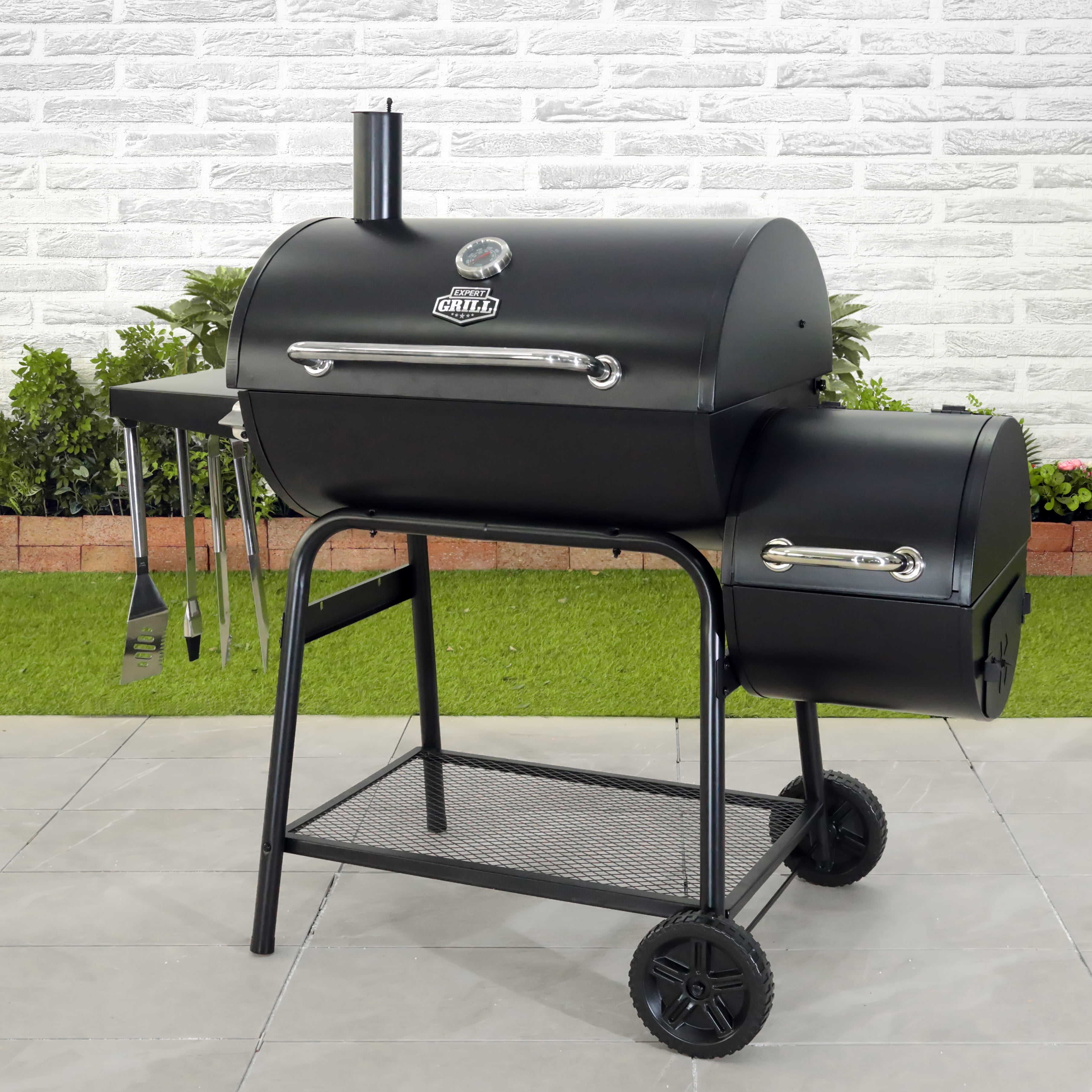 Expert Grill 28" Charcoal Offset Smoker Grill with Side Firebox, Black, New