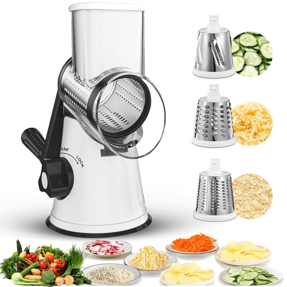 NEPIVEL Cheese Grater With Handle, Crank Cheese Shredder With 3 Interchangeable Blades And Strong Suction Base for Fresh Cheese, Vegetable and Nuts,Non-slip Suction Base, Silver