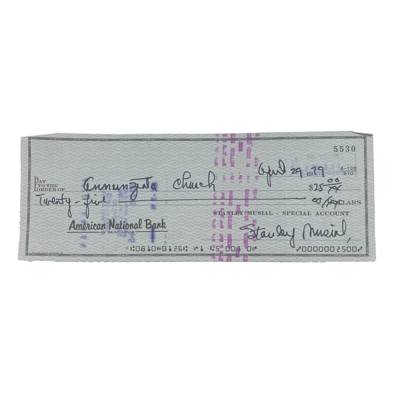 Stan Musial St. Louis Cardinals Signed Bank Check #5530 BAS