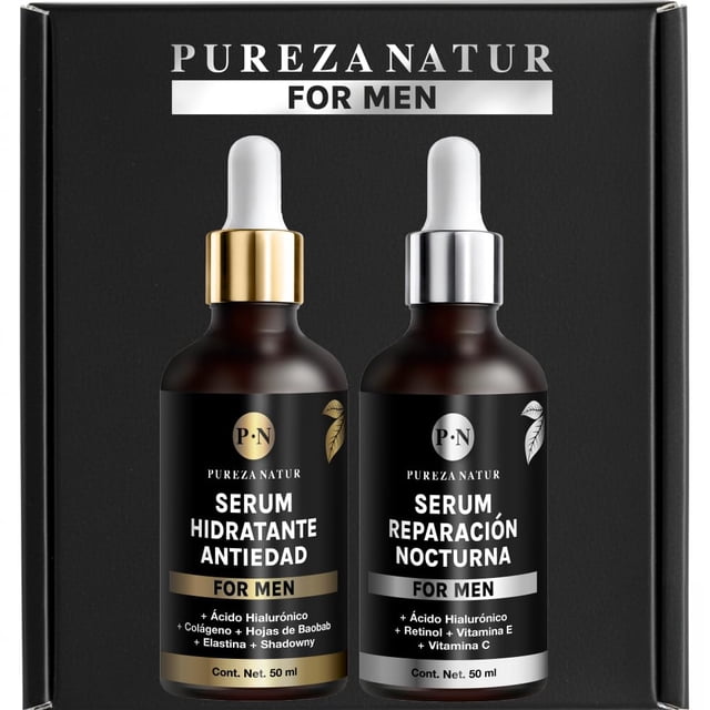 PUREZA NATUR Pack de cuidado facial para hombre completo con serum de día y de noche | Hidratación, proteccion y regeneración paquete