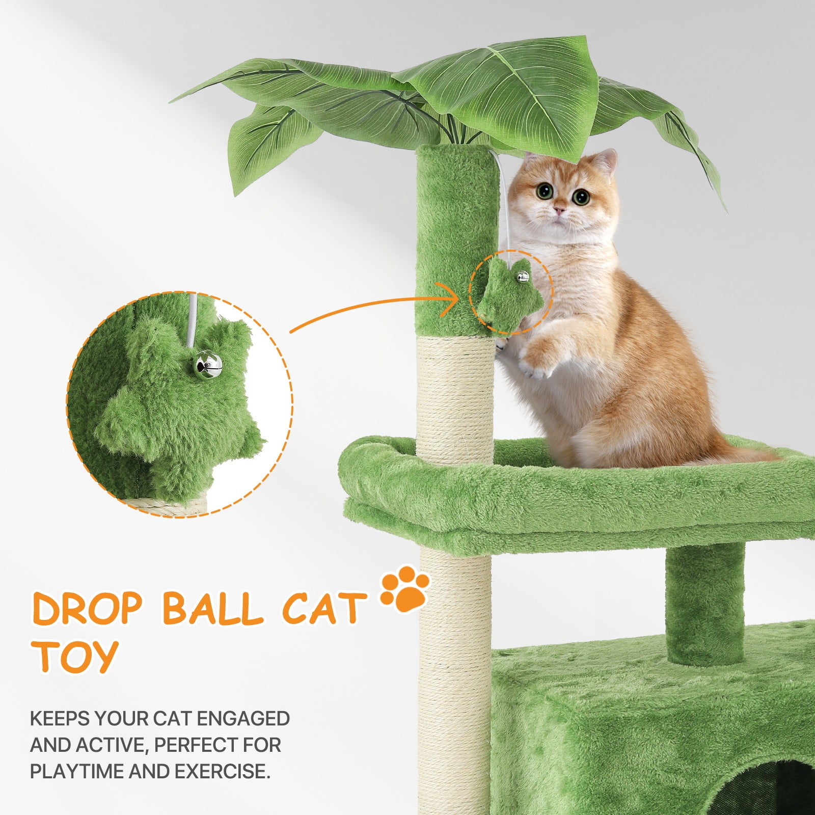 OSM 32 Inch Cat Tree for Kittens and Senior Cats, Low-Profile Cat Tower with Scratching Posts, Cozy Condo, Perch & Hanging Toys, Leaf-Themed Space-Saving Cat House, Green