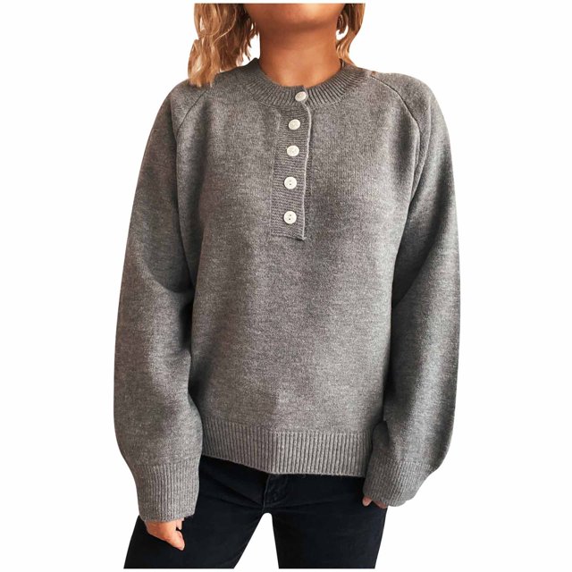 RKSTN Chandails pour Femmes Chandail à Manches Longues Col Rond Bouton Couleur Unie Tricot Mode Début d'Automne