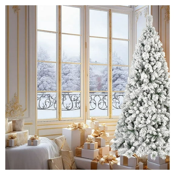 7.5ft Flocked Christmas Tree Mixed Needles PVC Artificial Tree Hinged Auto-Open Full Fluffy Holiday Decoration for Home Indoors