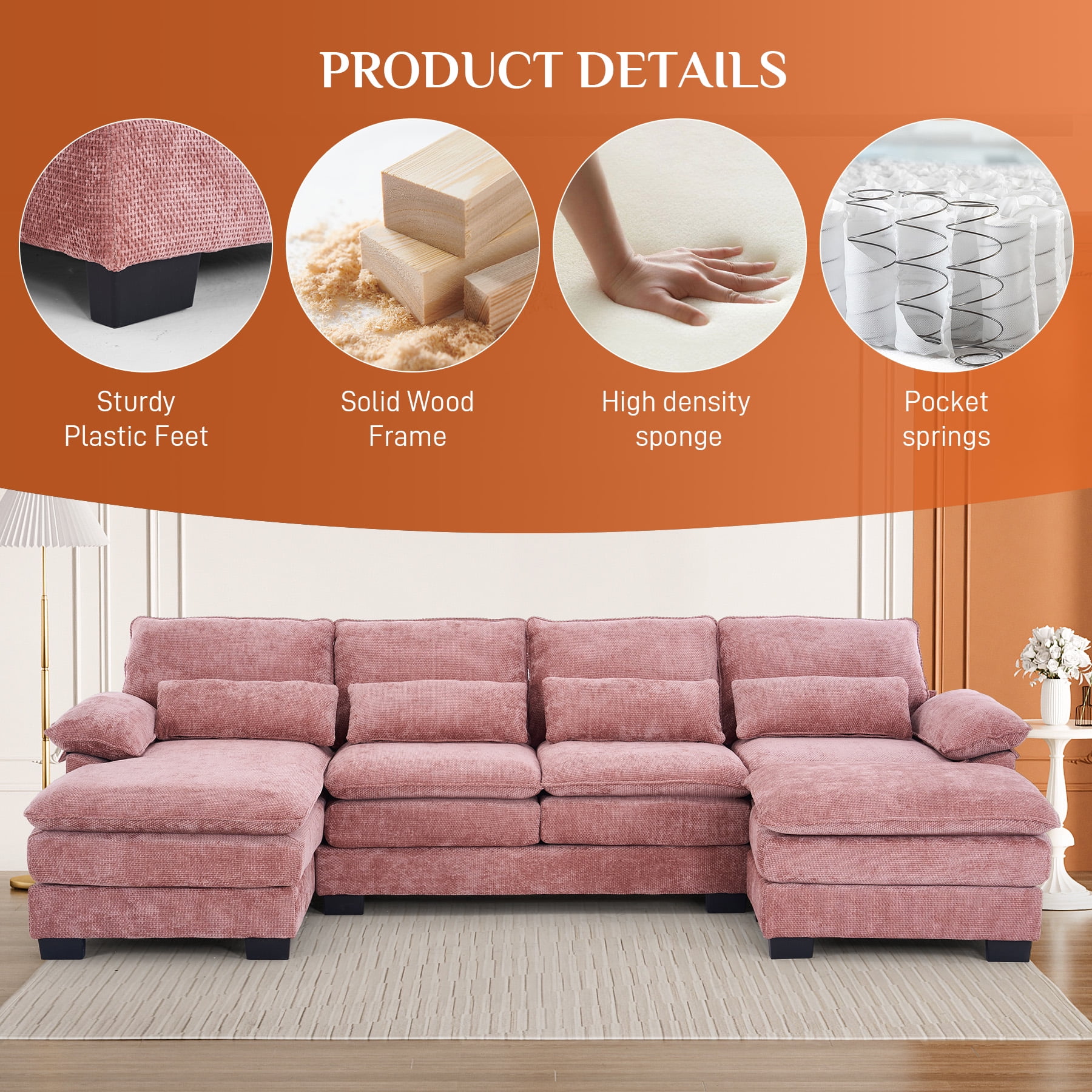 Rophefx 114.3" U Shaped Sectional Couches for Living Room,Cloud Couch,4 Seats Chenille Couch with Double Layer Cushion,Pink