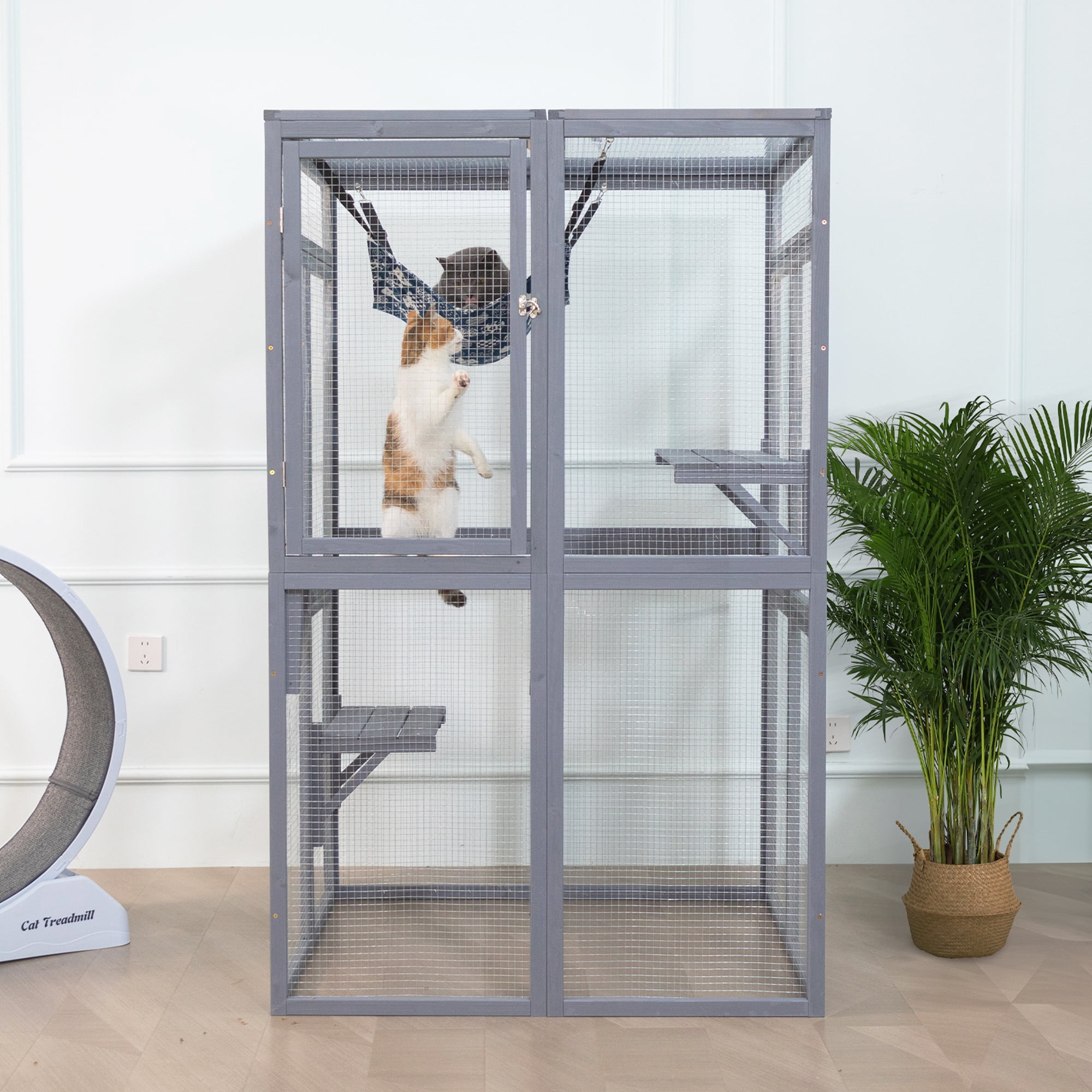 Pefilos 64" Cat House Outdoor Catio Cat Enclosures Wooden Kitty House with Platforms, Waterproof Roof, Hammock, Gray Pefilos 64" Cat House Outdoor Catio Cat Enclosures Wooden Kitty House with Platforms, Waterproof Roof, Hammock, Gray