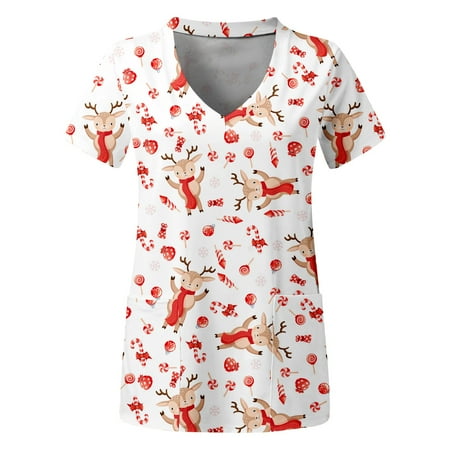 

TAIAOJING Scrubs for Women Workwear Plus Size Top V Neck Short Sleeved Pockets Printed T Shirt